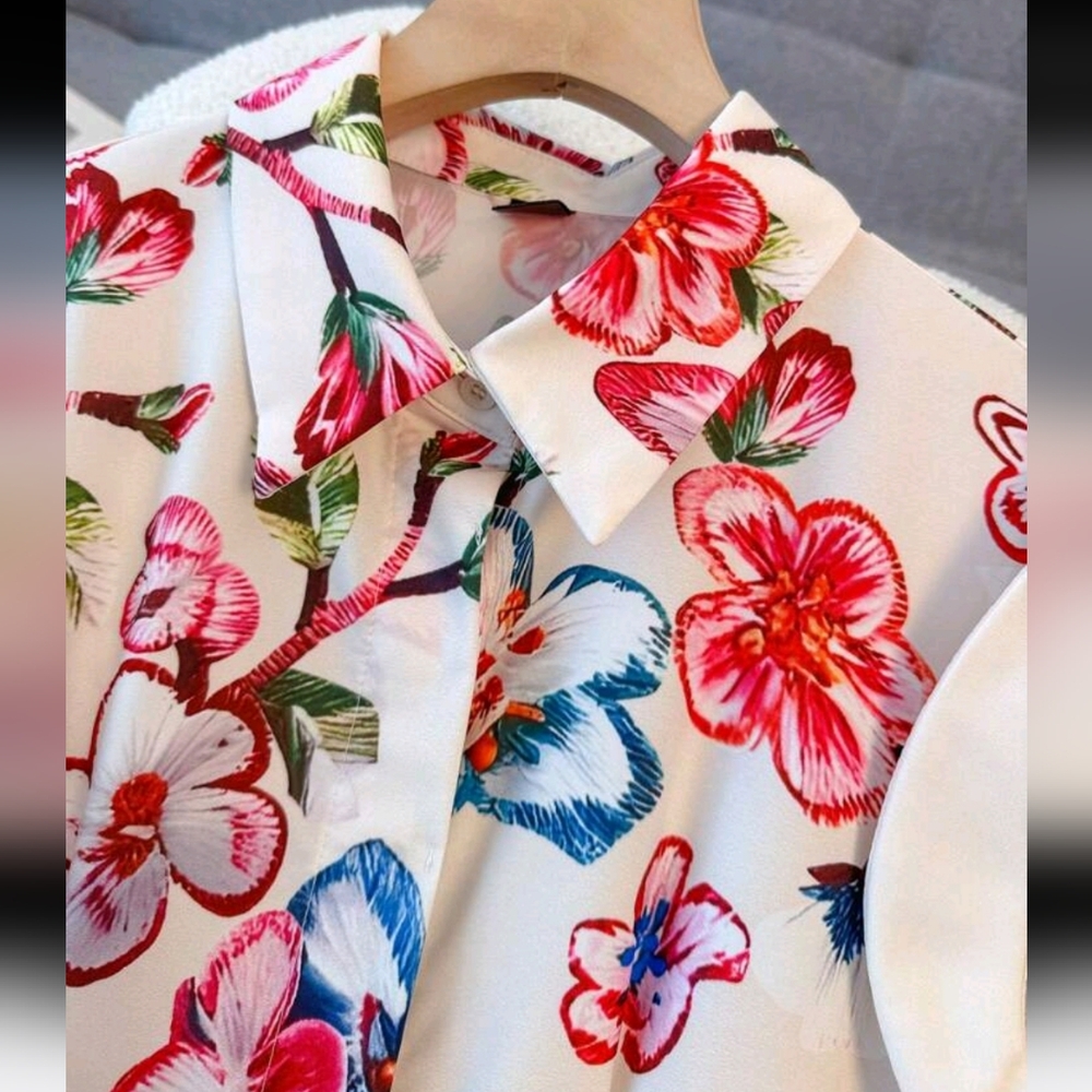 Women's Elegant Floral Print Shirt Dress, Suitable For Spring/Summer Holiday - Picture 2 of 7
